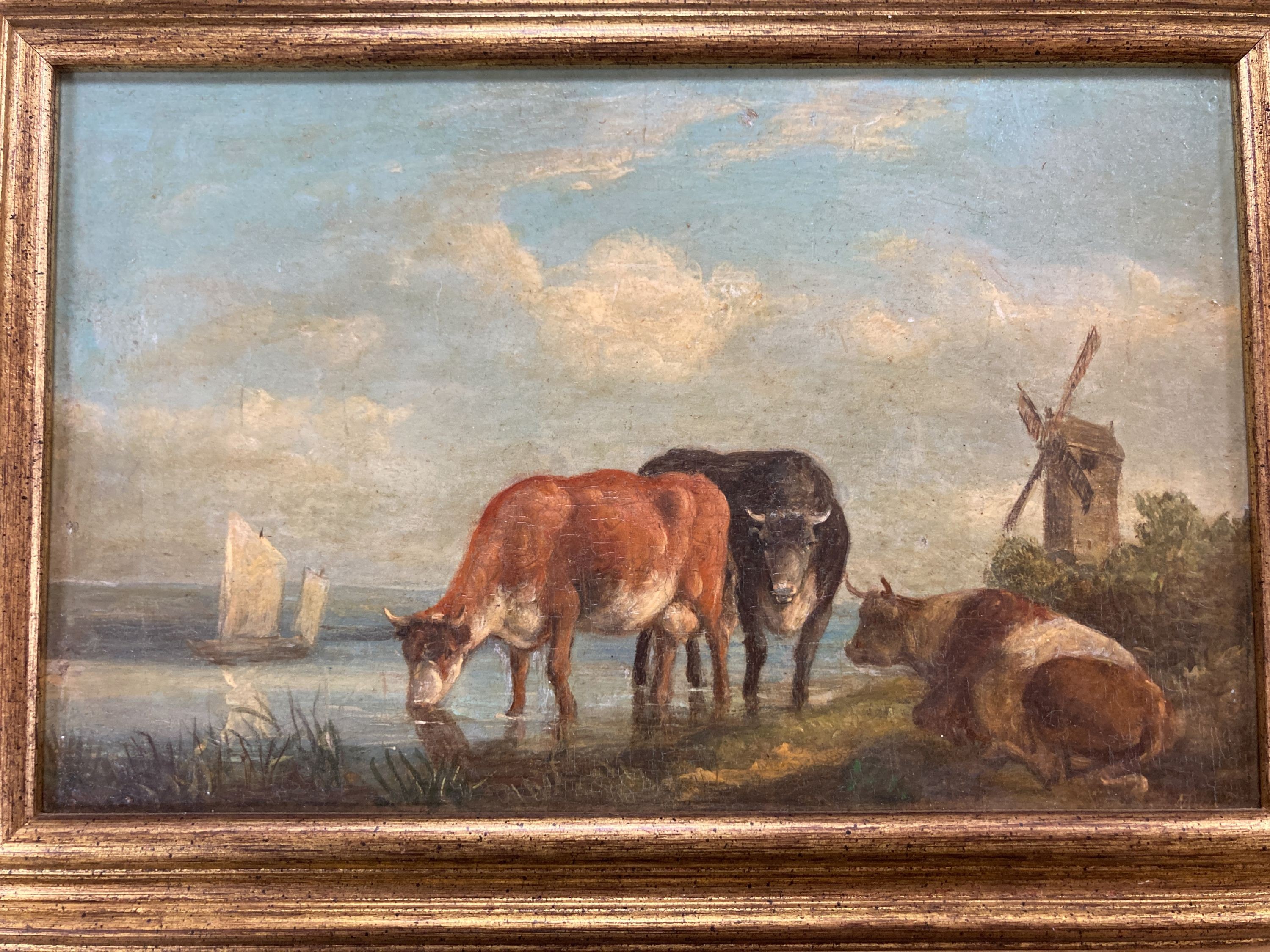 Dutch School (19th century), Cattle watering with a distant windmill, oil on board - and companion piece, a pair, 13.5 x 22.5cm